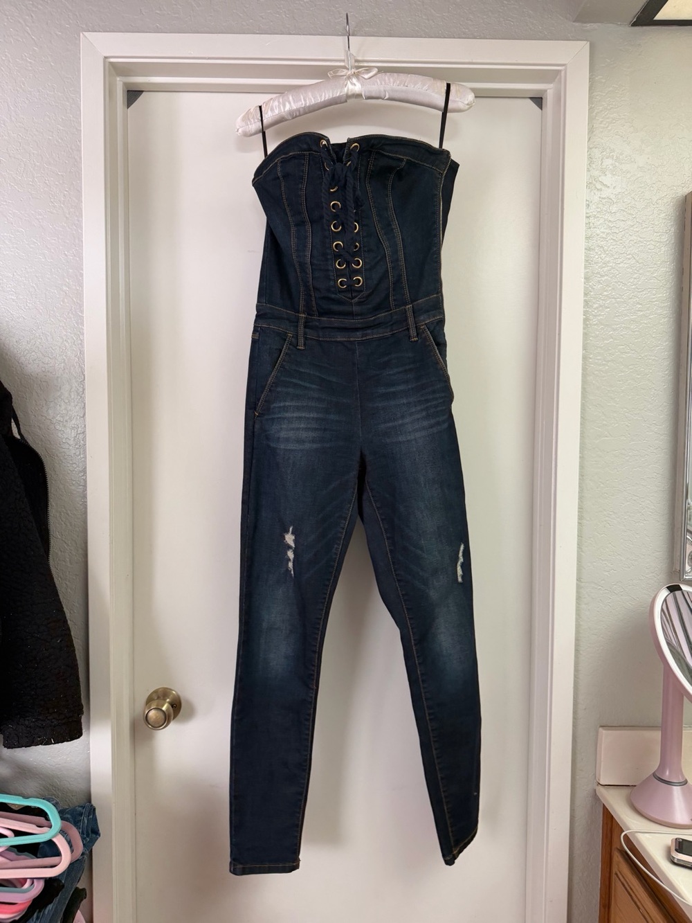 bebe Dark Blue Lace-Up Strapless Denim Jumpsuit